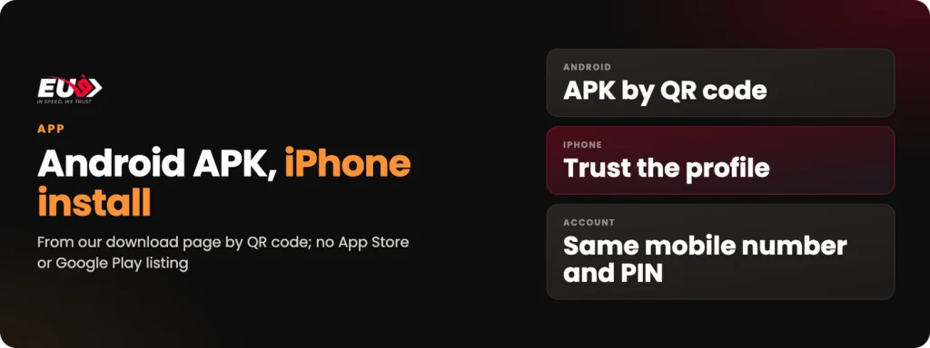 EU9 app: Android APK by QR code and iPhone install with a trusted profile