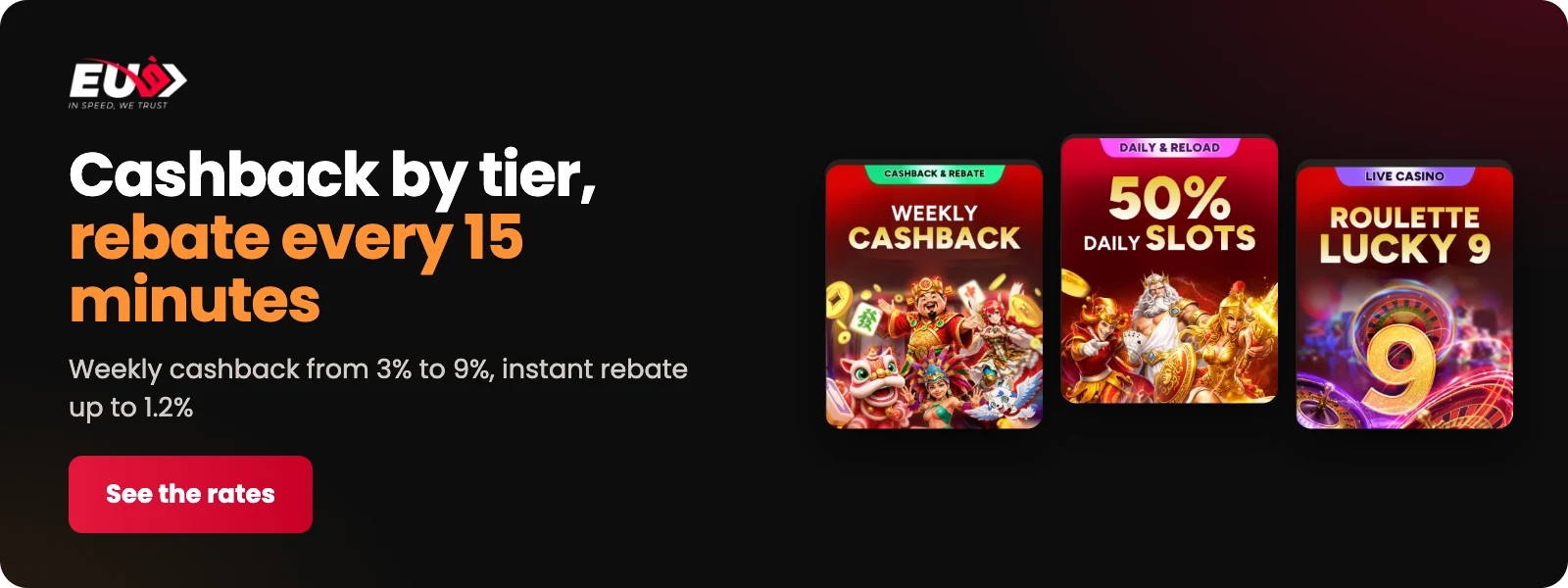 EU9 weekly cashback from 3% to 9% by tier and instant rebate every 15 minutes