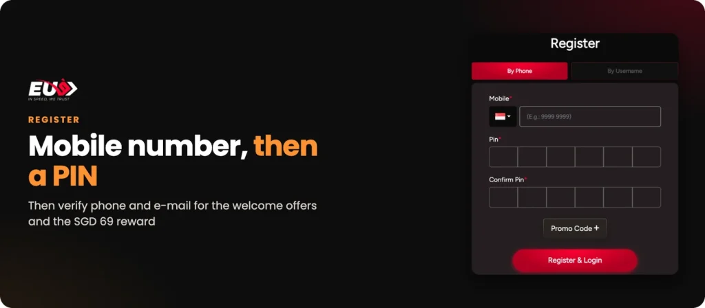 EU9 register form: mobile number, PIN, confirm PIN and an optional promo code