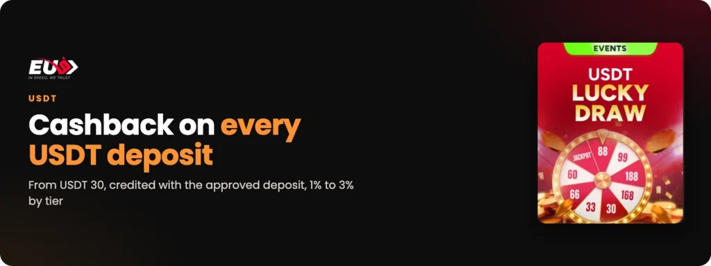 EU9 USDT cashback on every deposit from USDT 30, credited on approval